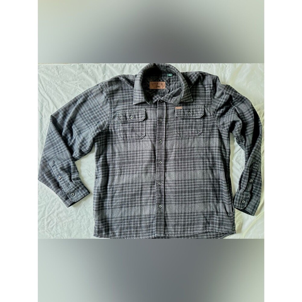 Orvis Men’s Large Plaid Flannel Shirt Gray/Black Button Long Sleeve Outdoor